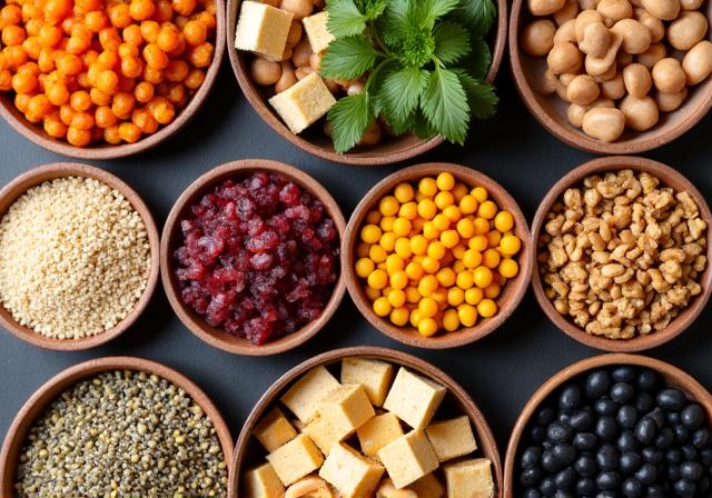 Colorful array of plant-based protein sources like lentils, tofu, and nuts in bowls.
