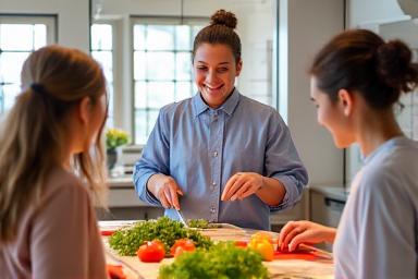 A group learning to prepare healthy meals in a cooking class.