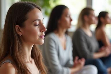 Participants practicing meditation in a serene setting.