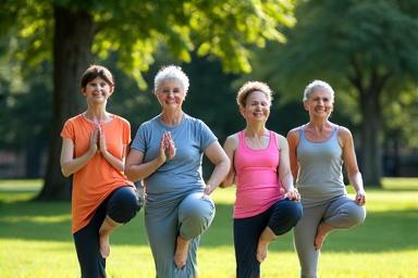 A group performing yoga outdoors in a park with trees.